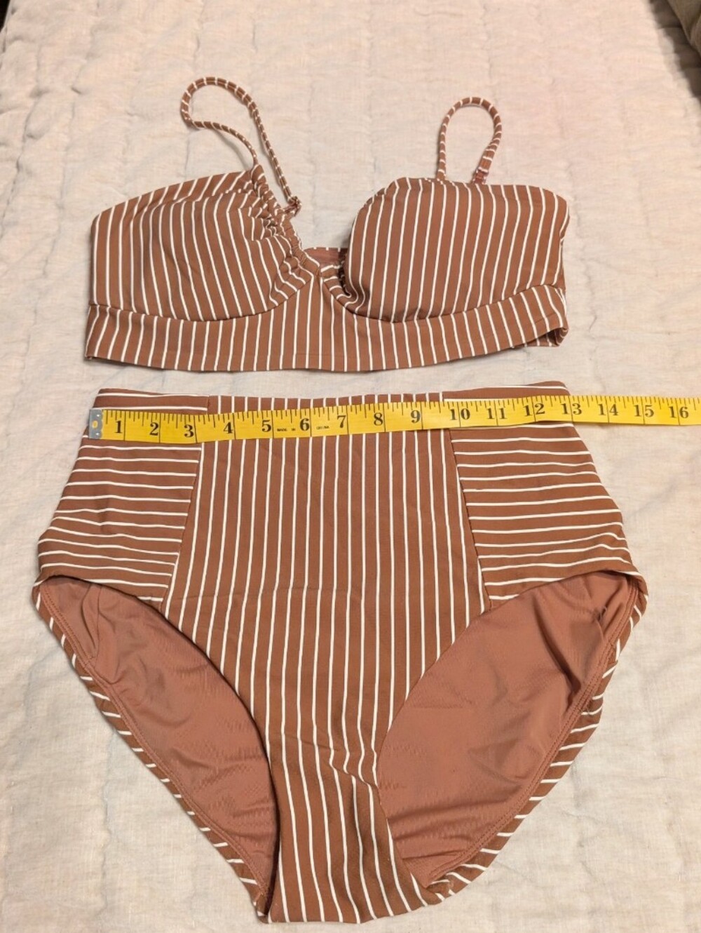 CALIA Brown & White Stripe High-Waisted Bikini Set, Sizes: Top M, Bottom S - Picture 5 of 7